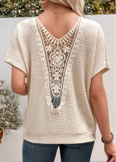 ROTITA Patchwork Beige Round Neck Short Sleeve T Shirt