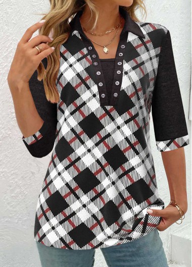 ROTITA Patchwork Plaid Black Turn Down Collar Half Sleeve Shirt