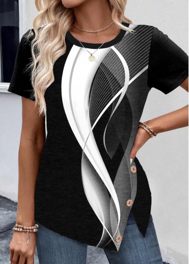 ROTITA Patchwork Geometric Print Black Round Neck T Shirt