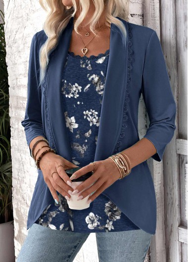 ROTITA Floral Print Navy Round Neck Fake Two Piece Twinset