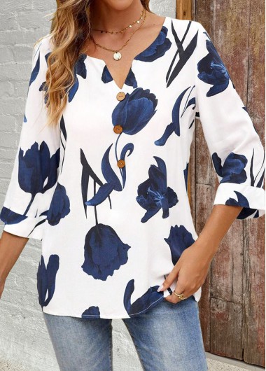 ROTITA Patchwork Floral Print White Split Neck T Shirt