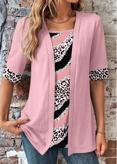 ROTITA Fake 2in1 Leopard Pink Square Neck T Shirt