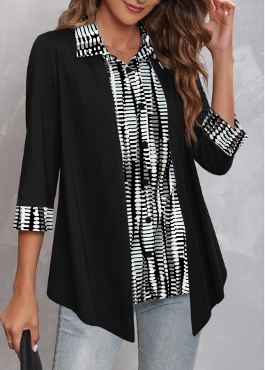 ROTITA Fake 2in1 Geometric Print Black 3/4 Sleeve Shirt