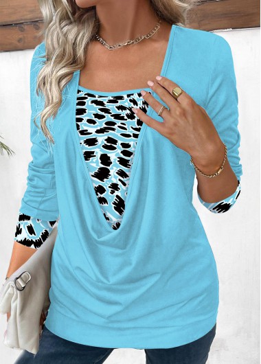 ROTITA Patchwork Animal Print Cyan Square Neck Long Sleeve Blouse