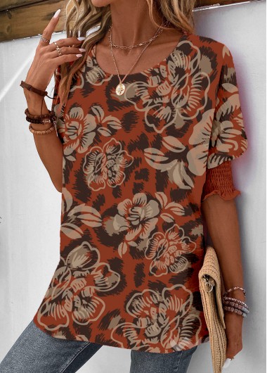 ROTITA Smocked Random Floral Print Terracotta Round Neck T Shirt