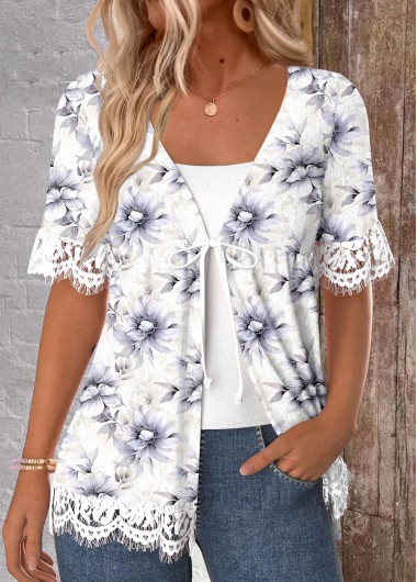 ROTITA Lace Floral Print White V Neck Light Cardigan