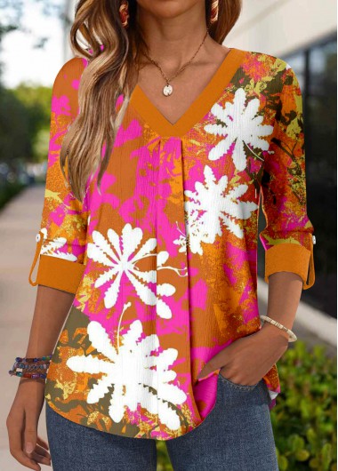 ROTITA Patchwork Random Floral Print Terracotta V Neck Blouse