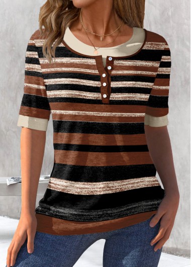 ROTITA Patchwork Striped Dark Coffee Round Neck T Shirt