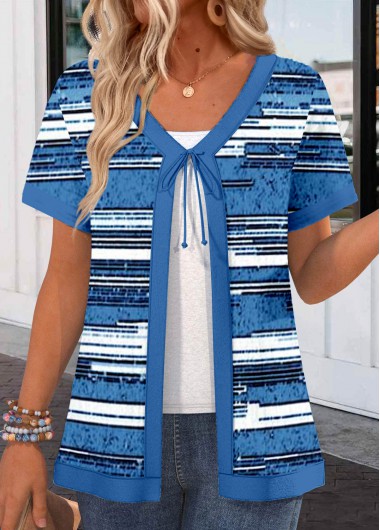 ROTITA Patchwork Striped Blue V Neck Short Sleeve Light Cardigan