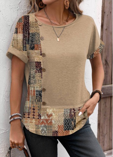 ROTITA Button Patchwork Light Camel Round Neck T Shirt