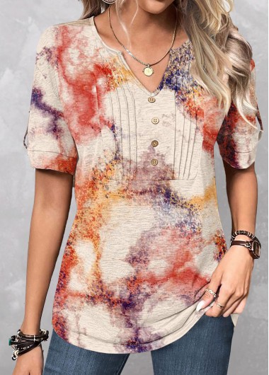 ROTITA Patchwork Graffiti Print Light Camel Split Neck T Shirt