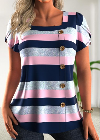 ROTITA Asymmetry Striped Multi Color Square Neck T Shirt