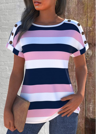ROTITA Button Striped Multi Color Round Neck T Shirt