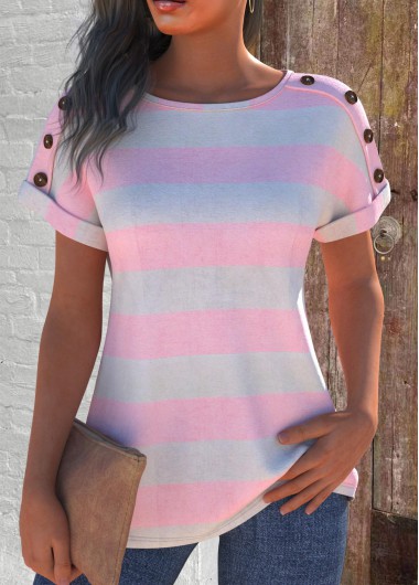 ROTITA Button Striped Pink Round Neck Short Sleeve T Shirt