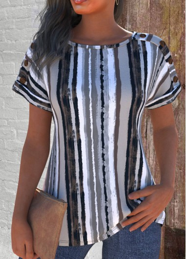 ROTITA Button Striped White Round Neck Short Sleeve T Shirt