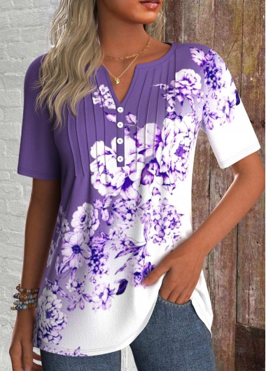 ROTITA Tuck Stitch Floral Print Purple Split Neck T Shirt