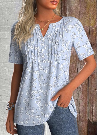 ROTITA Tuck Stitch Ditsy Floral Print Blue T Shirt