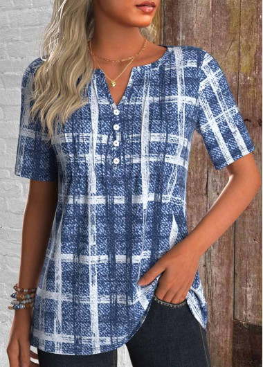 ROTITA Tuck Stitch Plaid Blue Split Neck T Shirt