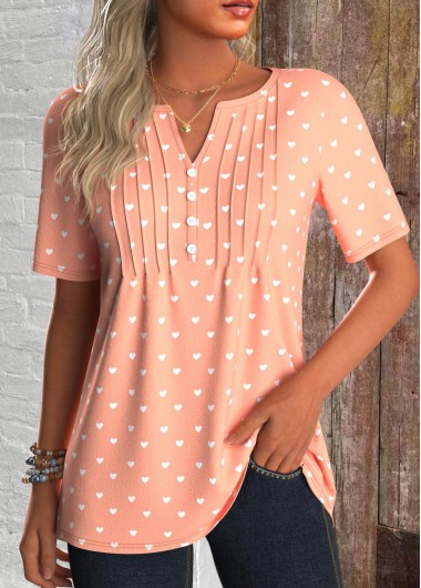 ROTITA Tuck Stitch Heart Print Dusty Pink T Shirt