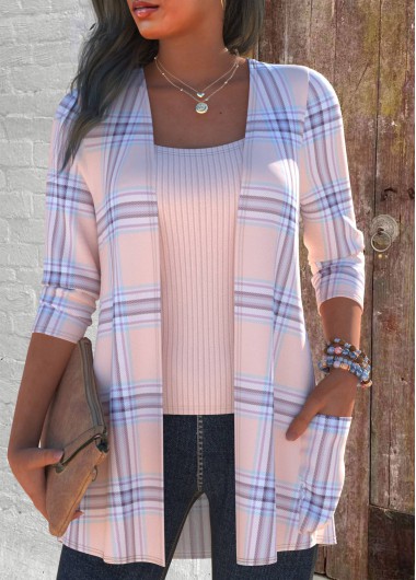ROTITA Lightweight Plaid Pink Round Neck Long Sleeve Light Cardigan