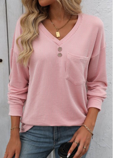 ROTITA Jacquard Pink V Neck Long Sleeve T Shirt