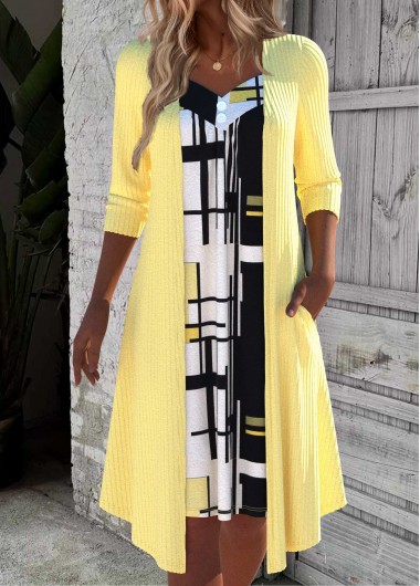 ROTITA Button Geometric Print Light Yellow Heart Collar Shift Dress