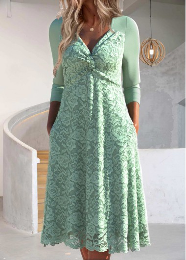 ROTITA Lace Sage Green Heart Collar Long Sleeve Dress