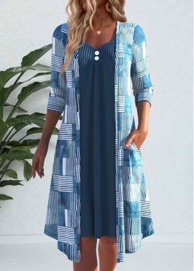 ROTITA Button Geometric Print Peacock Blue Heart Collar Shift Dress