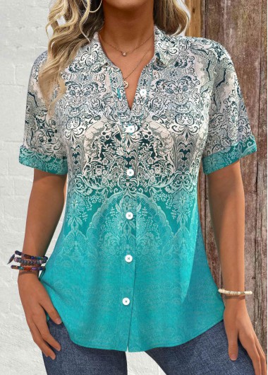 ROTITA Button Tribal Print Cyan Short Sleeve Shirt