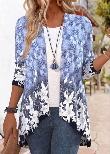ROTITA Floral Print Purplish Blue Long Sleeve Light Cardigan