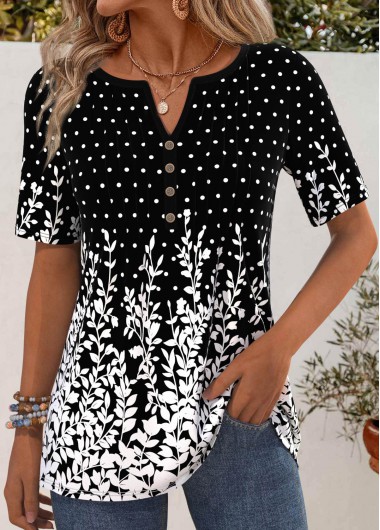 ROTITA Button Leaf Print Black Split Neck T Shirt