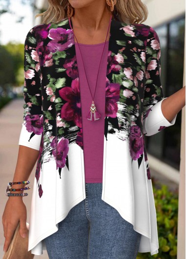 ROTITA Floral Print Dark Reddish Purple Long Sleeve Light Cardigan