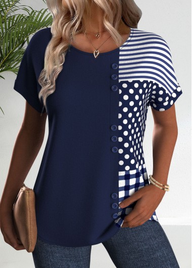 ROTITA Asymmetry Geometric Print Navy Round Neck T Shirt