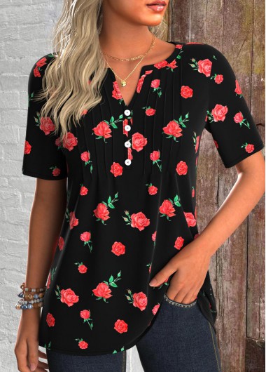 ROTITA Tuck Stitch Floral Print Black Split Neck T Shirt