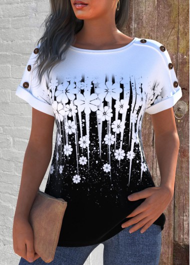ROTITA Button Floral Print White Round Neck T Shirt
