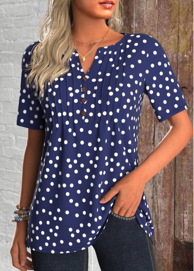 ROTITA Tuck Stitch Polka Dot Navy Split Neck T Shirt