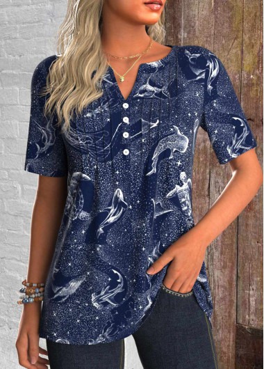 ROTITA Tuck Stitch Marine Life Print Navy T Shirt