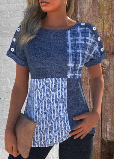 ROTITA Button Geometric Print Denim Blue Round Neck T Shirt