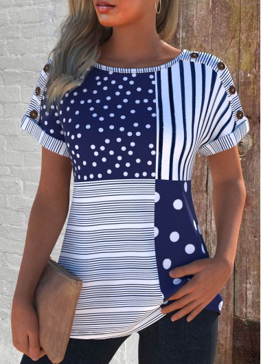 ROTITA Button Geometric Print Navy Round Neck T Shirt