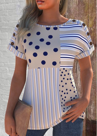 ROTITA Button Geometric Print Light Camel Round Neck T Shirt