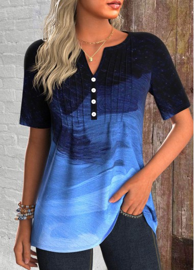 ROTITA Tuck Stitch Graffiti Print Blue Split Neck T Shirt