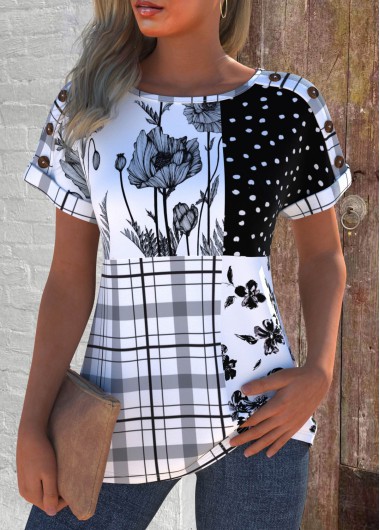 ROTITA Patchwork Geometric Print White Round Neck T Shirt
