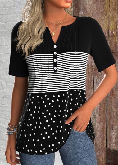 ROTITA Tuck Stitch Geometric Print Black Split Neck T Shirt