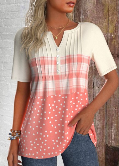 ROTITA Tuck Stitch Geometric Print Dusty Pink T Shirt