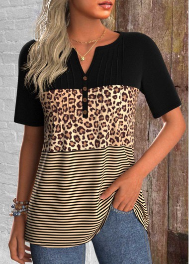 ROTITA Tuck Stitch Leopard Dark Camel Split Neck T Shirt