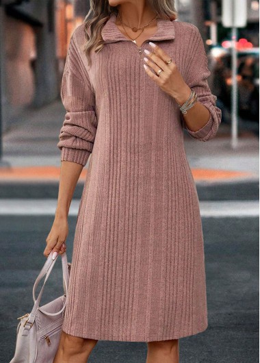 ROTITA Zipper Coral A Line Shirt Collar Long Sleeve Dress