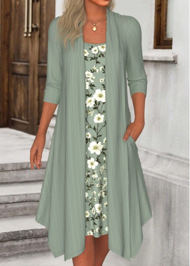 ROTITA Fake 2in1 Floral Print Sage Green A Line Dress