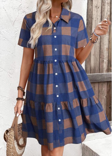 ROTITA Button Plaid Blue Shirt Collar Short Sleeve Dress
