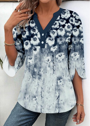 ROTITA Patchwork Floral Print Navy Split Neck 3/4 Sleeve Shirt