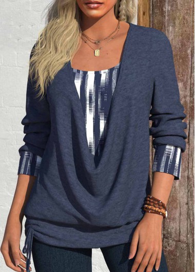 ROTITA Fake 2in1 Geometric Print Navy Draped Neck T Shirt